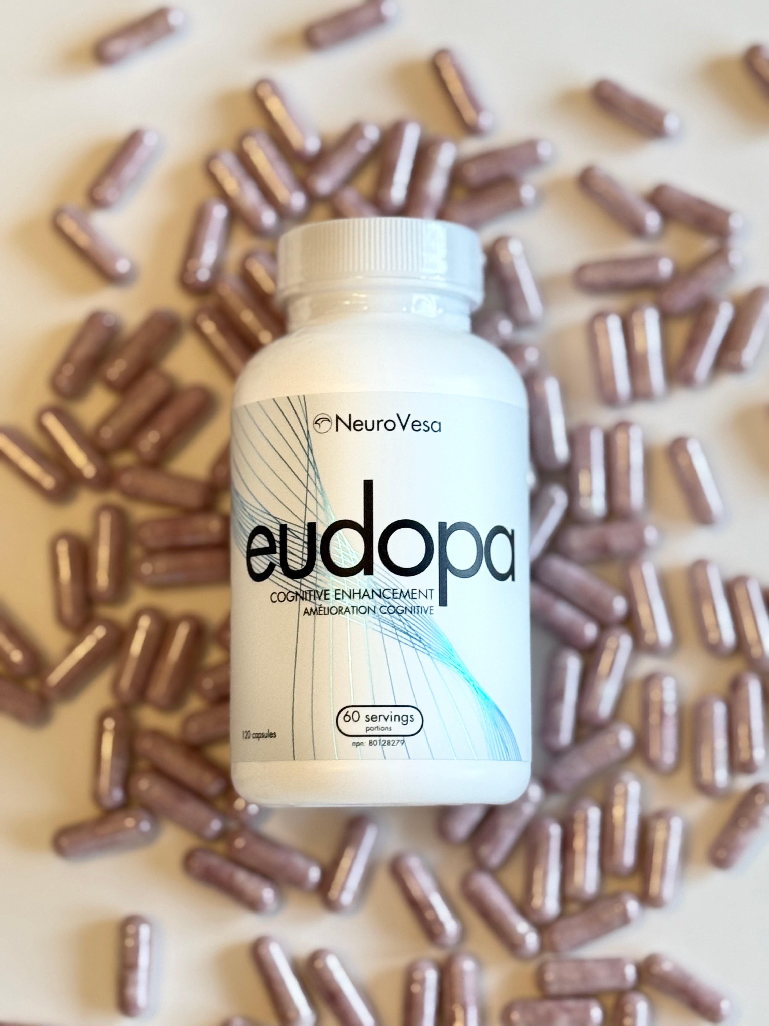 eudopa bottle with pills in the backgrond