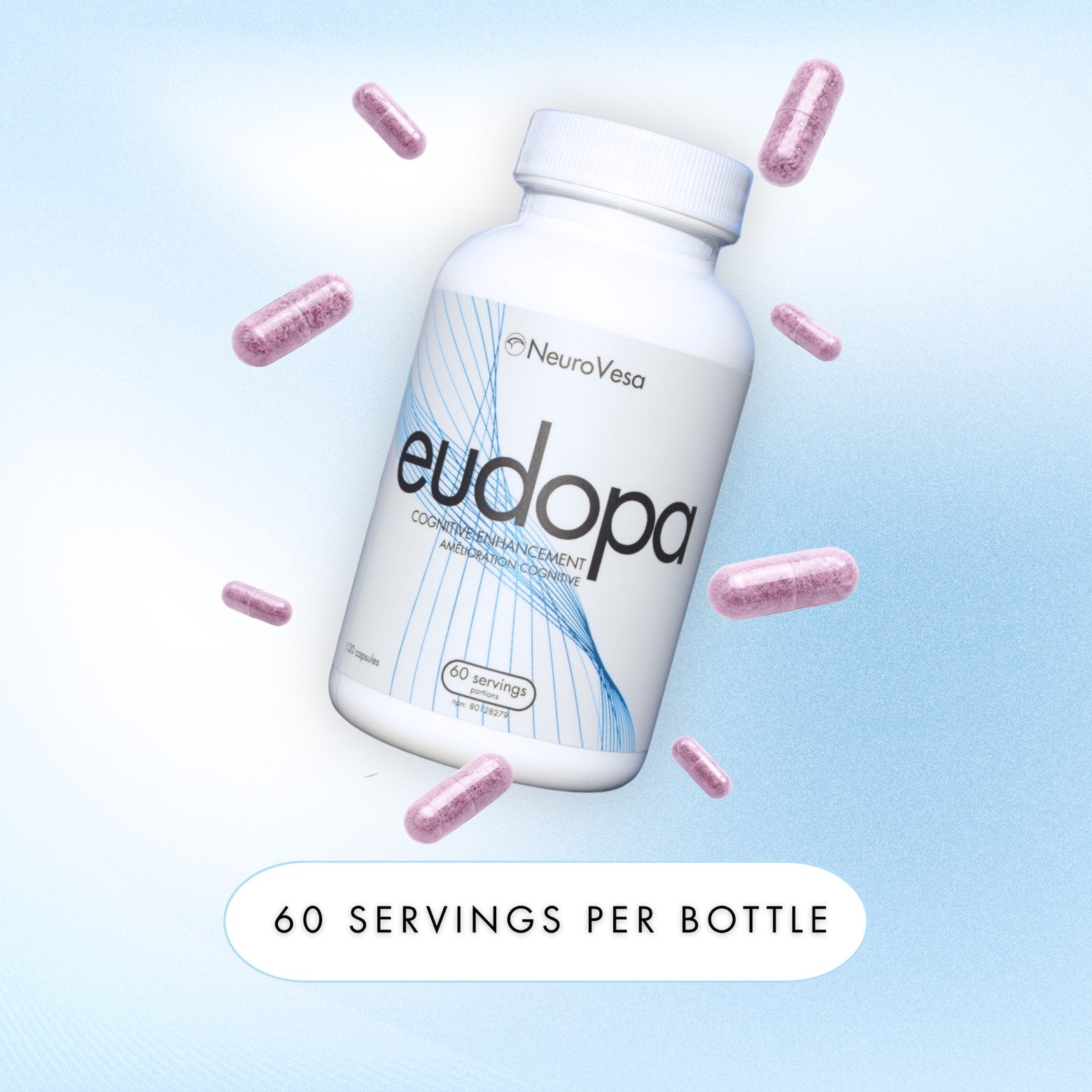 NeuroVesa eudopa brain supplement bottle with capsules - 60 servings per bottle, cognitive enhancement nootropic