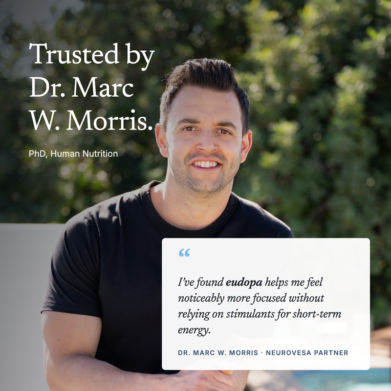 Trusted by Dr. Marc W. Morris, PhD in Human Nutrition and NeuroVesa partner: "I've found eudopa helps me feel noticeably more focused without relying on stimulants for short-term energy."
