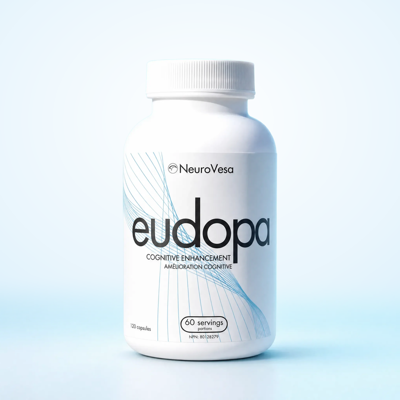 White NeuroVesa eudopa supplement bottle, 120 capsules, standing on a polished white surface with a soft reflection, light blue glow background