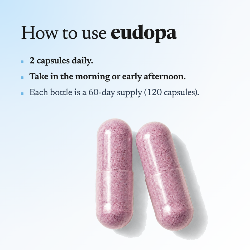How to use eudopa: 2 capsules daily, taken in the morning or early afternoon. Each bottle is a 60-day supply (120 capsules). Two purple eudopa capsules shown.
