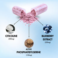Pink powder inside a split capsule with labeled ingredients on a light blue background