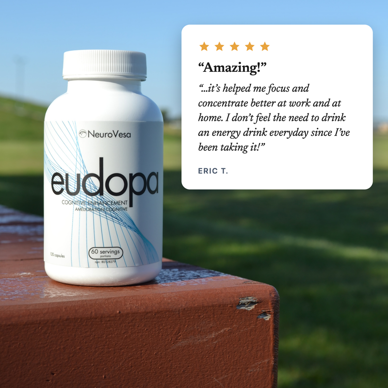 eudopa bottle on a wooden bench outdoors beside a five-star review from Eric T.: "...it's helped me focus and concentrate better at work and at home. I don't feel the need to drink an energy drink everyday since I've been taking it!"