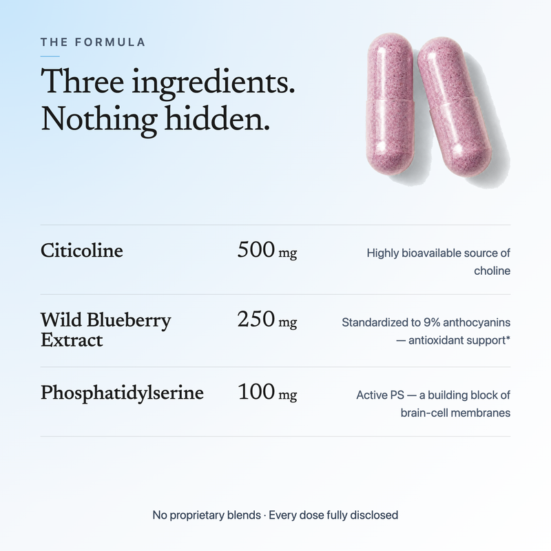 eudopa ingredient breakdown: citicoline 500 mg, a highly bioavailable source of choline; wild blueberry extract 250 mg standardized to 9% anthocyanins; phosphatidylserine 100 mg active PS, a building block of brain-cell membranes. No proprietary blends, every dose fully disclosed.