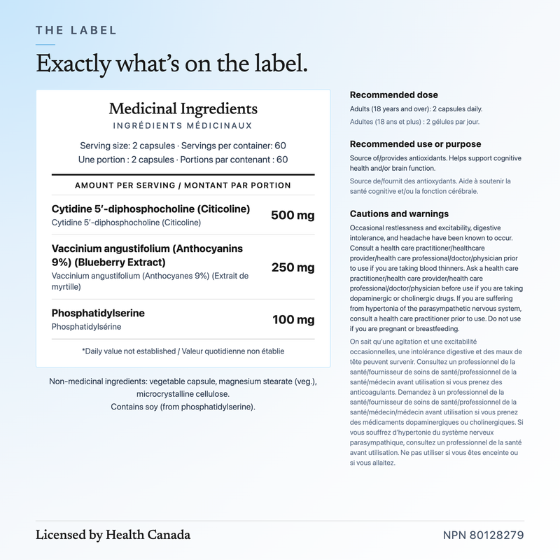 eudopa complete label: per 2-capsule serving citicoline 500 mg, wild blueberry extract (9% anthocyanins) 250 mg, phosphatidylserine 100 mg; 60 servings per container; non-medicinal ingredients and soy notice; recommended dose for adults 2 capsules daily; bilingual cautions and warnings. Licensed by Health Canada, NPN 80128279.